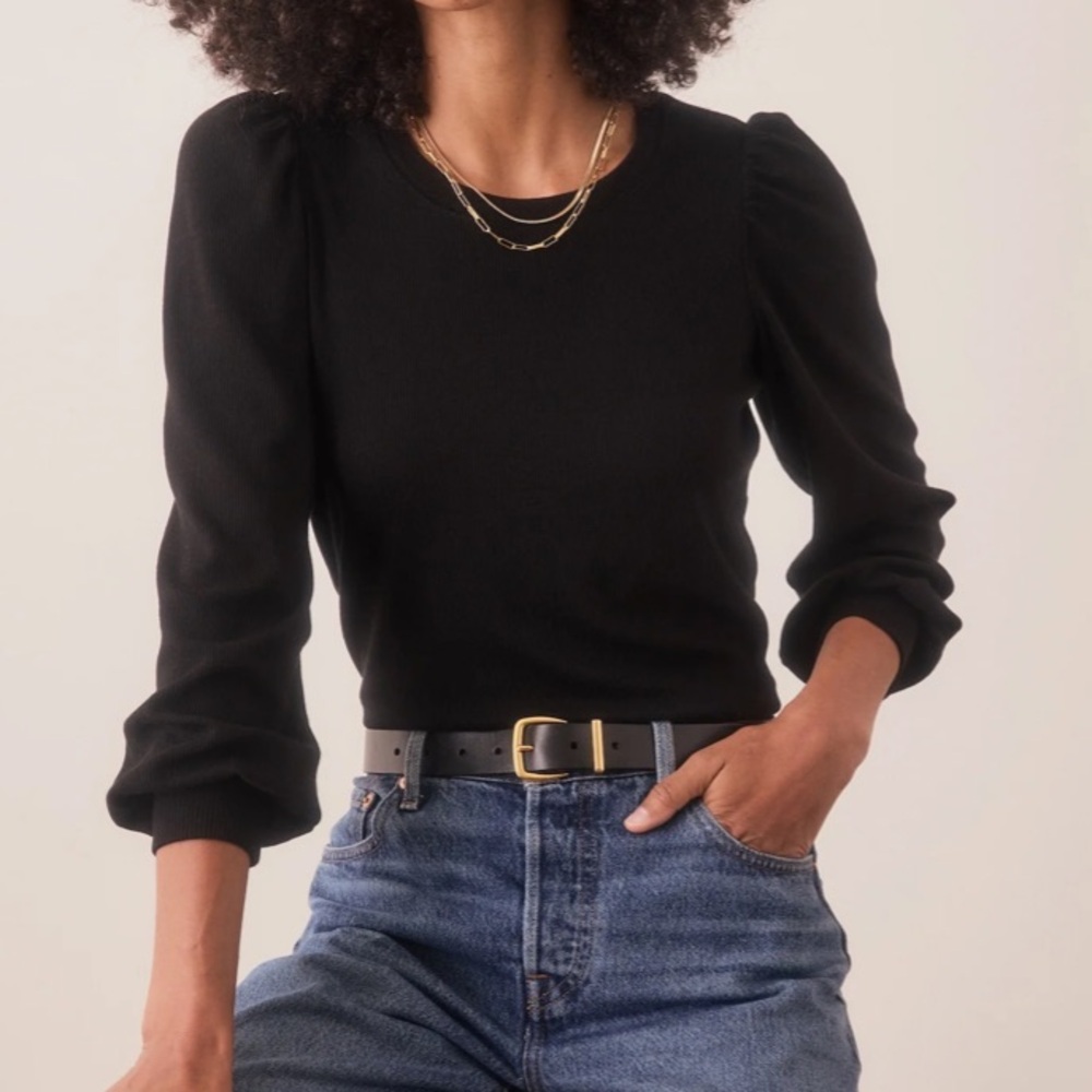 Marine Layer Lexi Rib Puff Sleeve Top, Black, XS